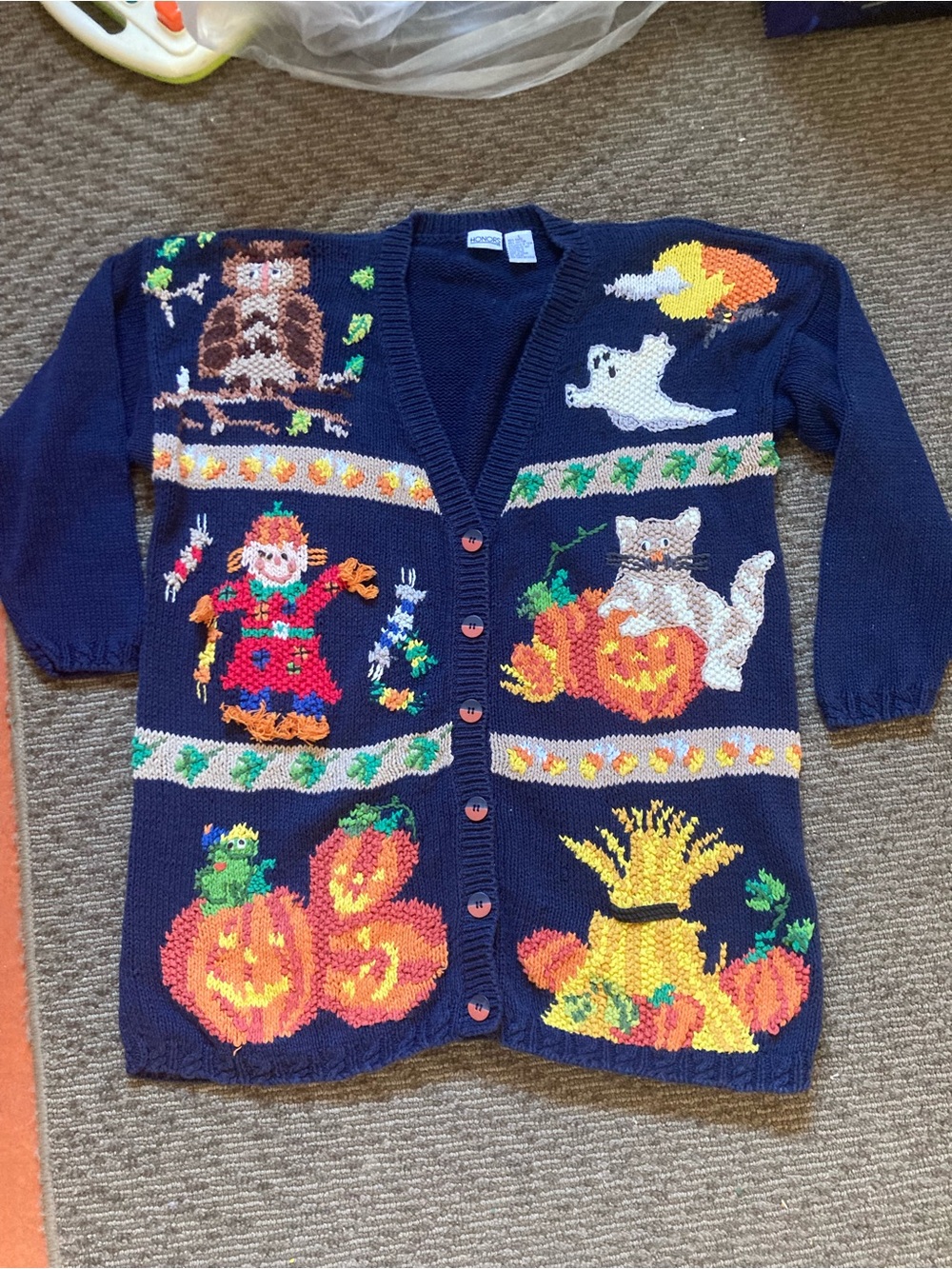 Vintage Honors Halloween Cardigan Sweater Cat Ghost Pumpkin Grandamacore Large